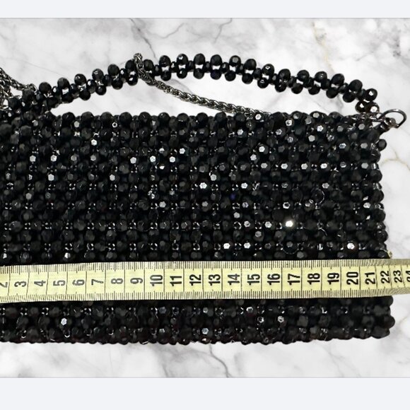 Handmade Black Beaded Shoulder Bag with Silver Chain Strap - Picture 5 of 9